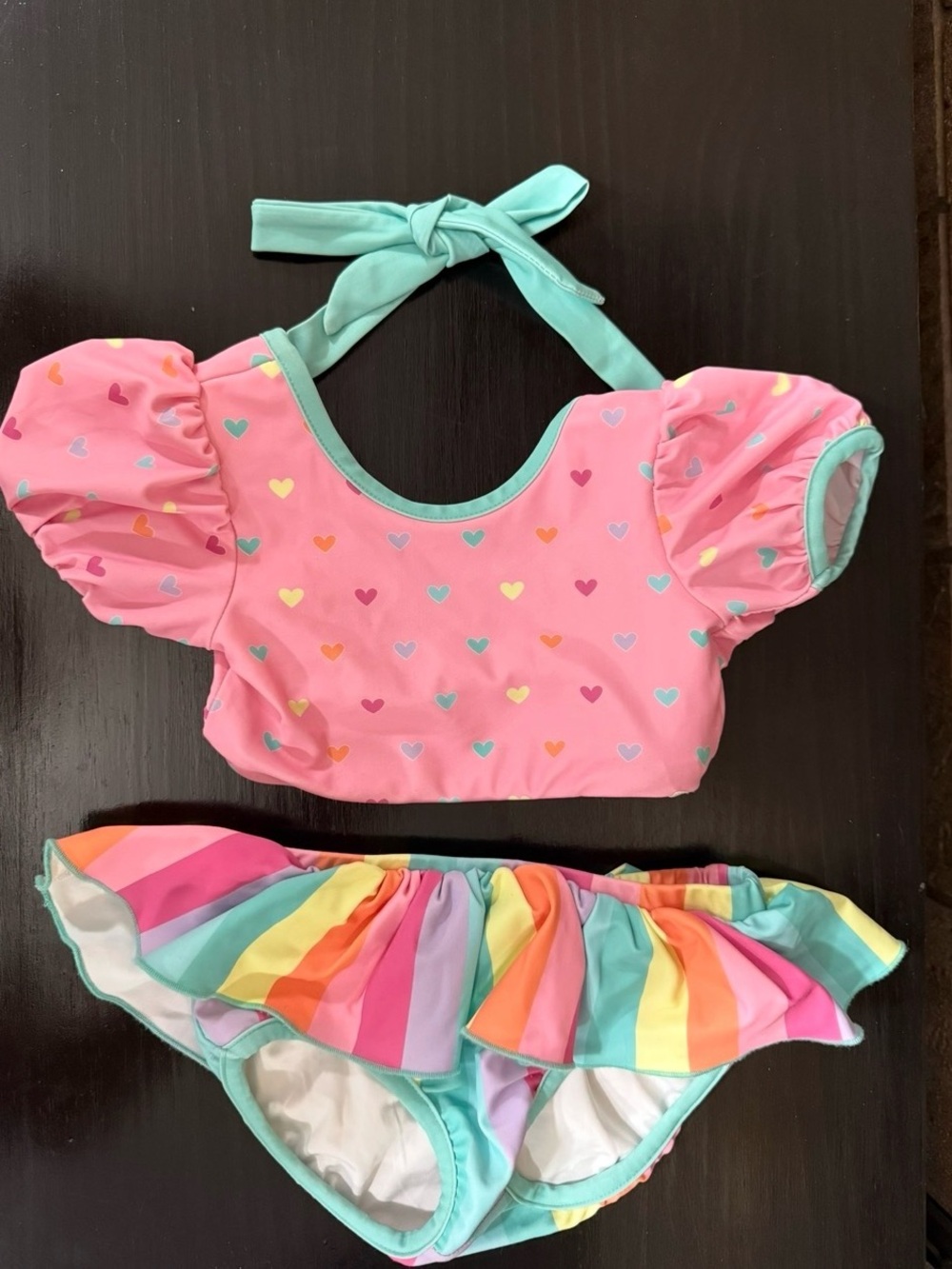 Girls' Pink Heart & Rainbow Ruffle Bikini Set with Mint Trim